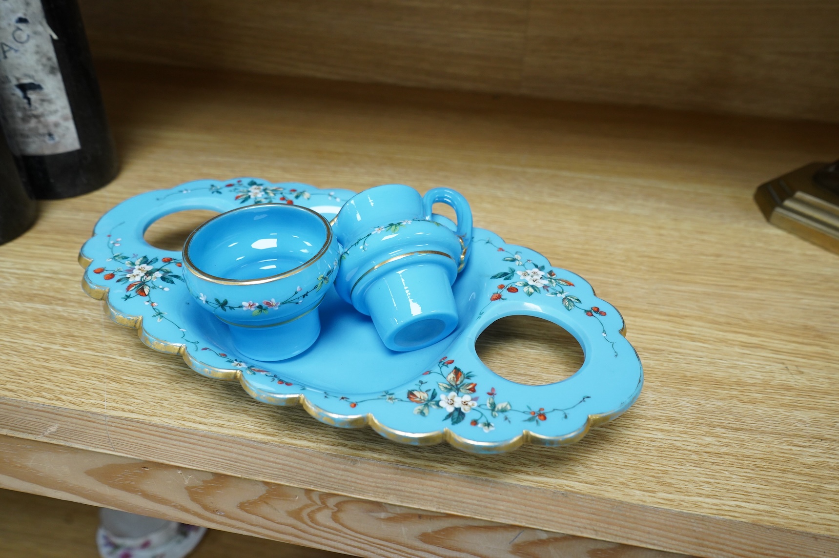 A 19th century opaline strawberry set, 30cm wide